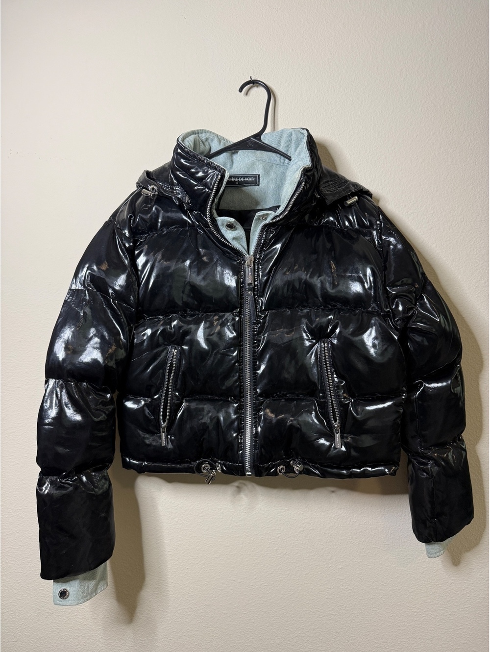 Maniere De Voir Paris Black Glossy Puffer Jacket with Hood and Drawstring Waist